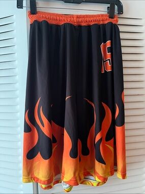 Long Men Med Athletic Shorts with #15. Drawstring Black & Orange Flame